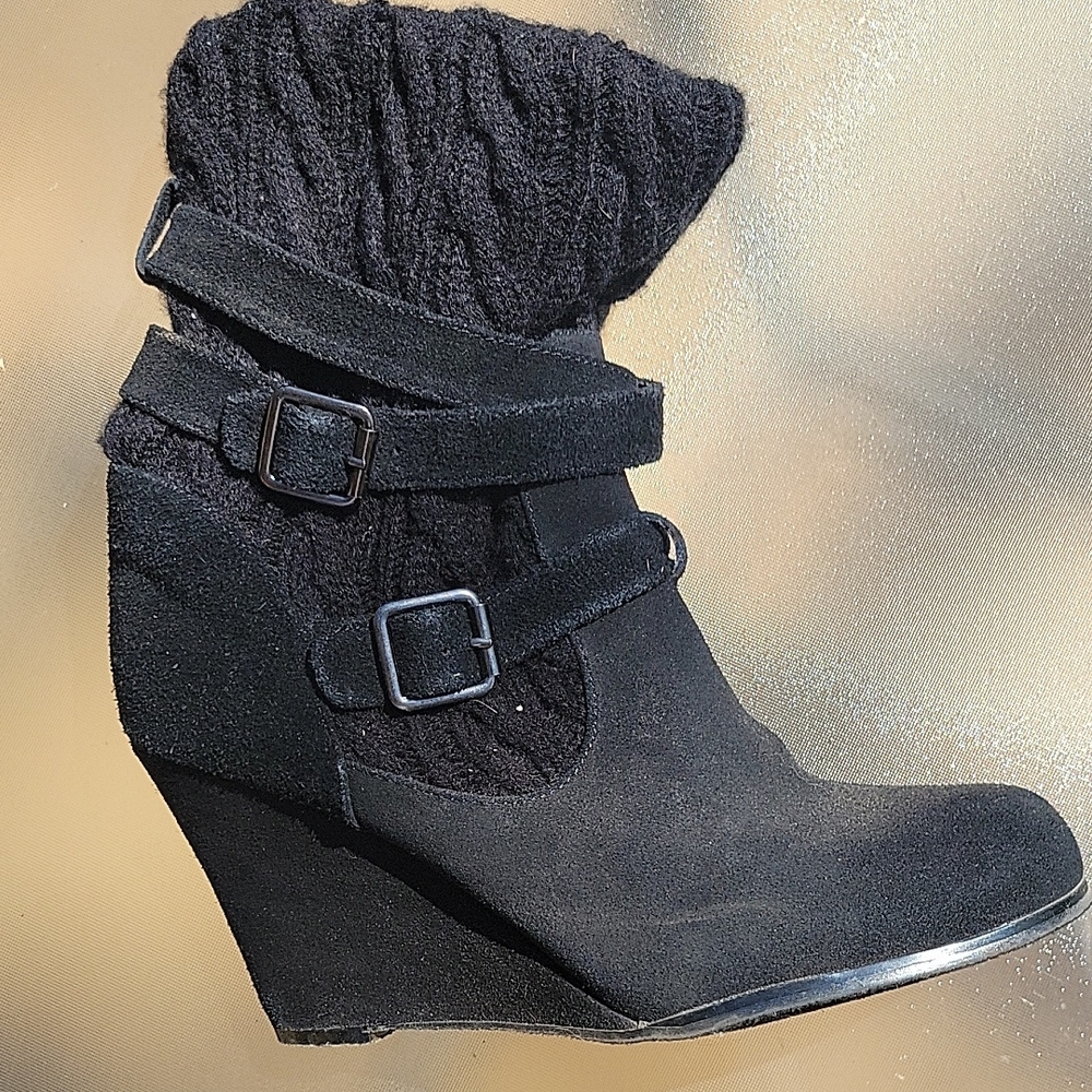 Black Suede Wedge Ankle Boots with Knitted Cuff